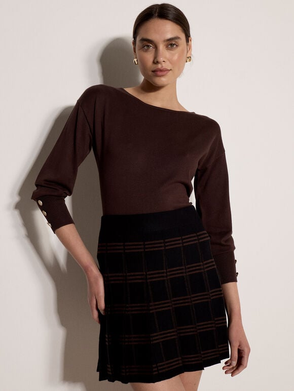 Check Pleated Knit Mini Skirt, Black, large