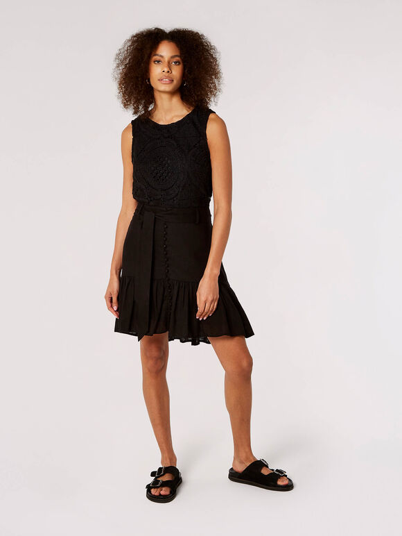 Linen Blend Button-Down Mini Skirt, Black, large