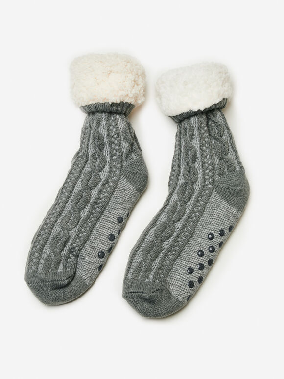 Fluffy Lining Aran Knit Socks, Grey, large
