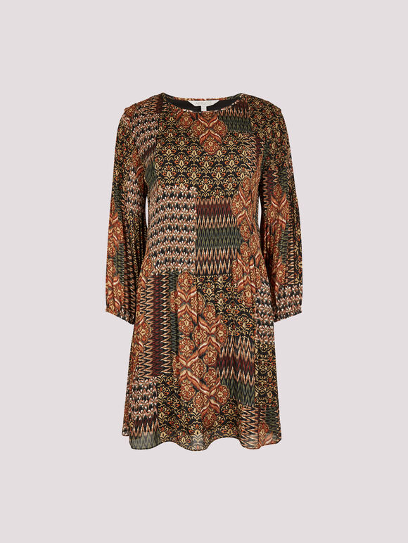 Patchwork Plisse Mini Dress, Khaki, large