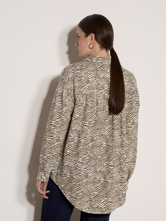 Zebra Print Oversized Cotton Shirt, Brown, large