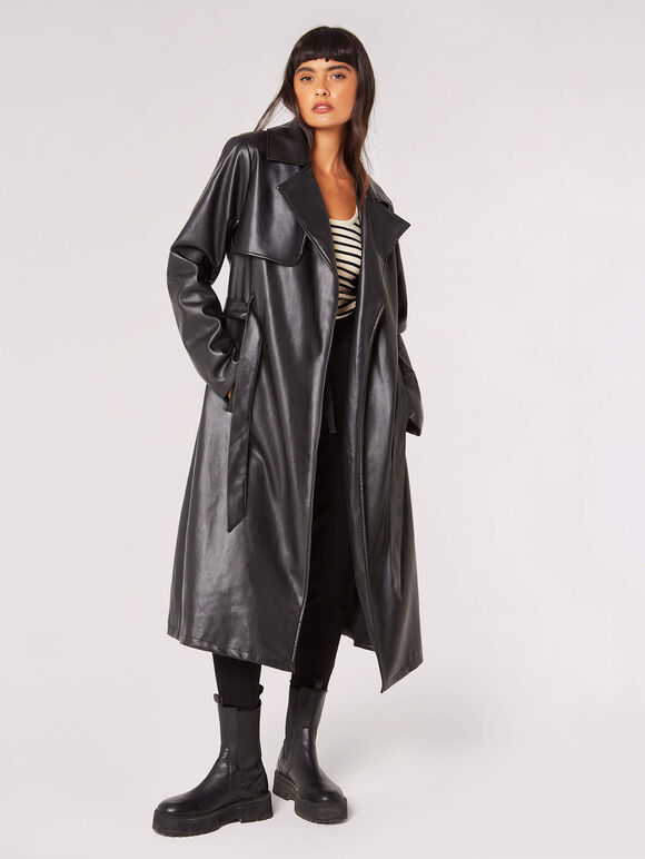 Leather-Look Trench Coat, Black, large