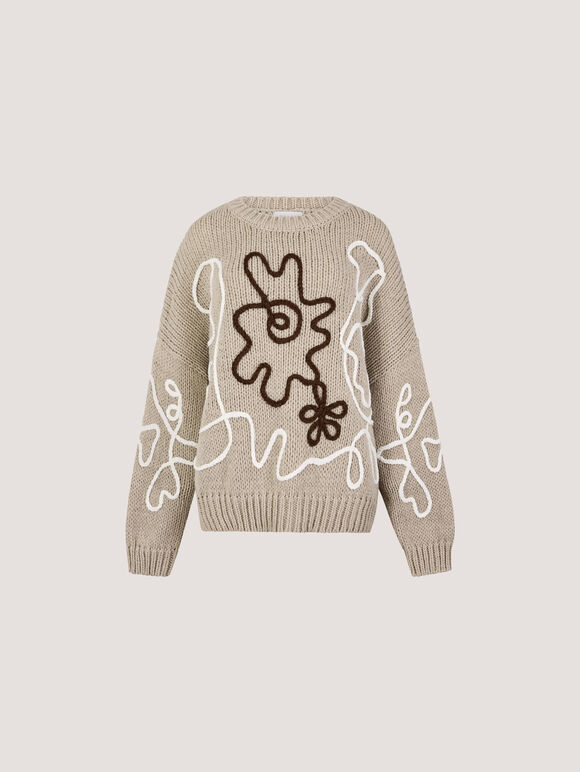 Oversized Cornelli Embroidered Jumper, Stone, large