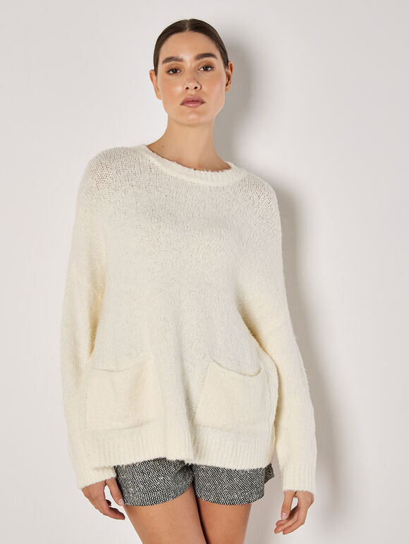 Oversized Boucle Patch Pocket Jumper, Cream, large