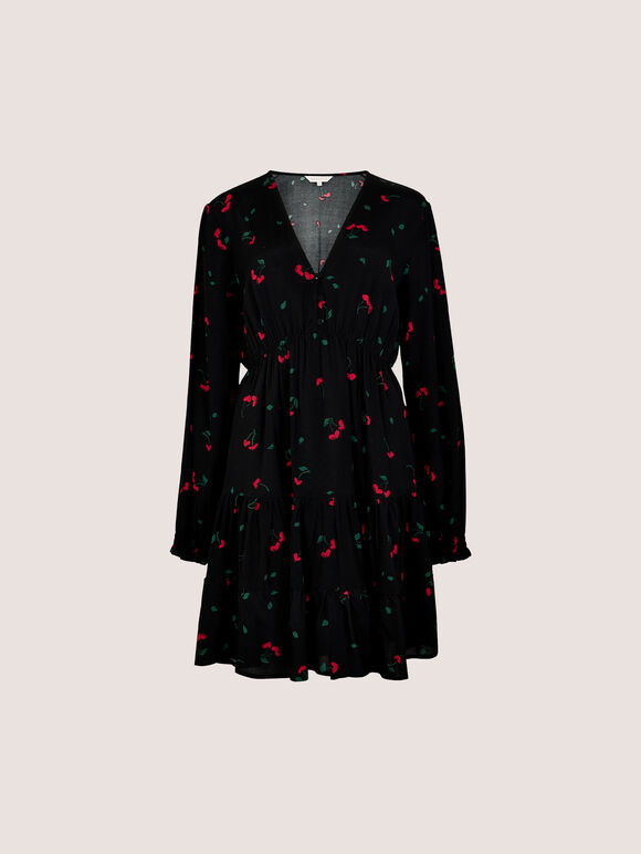 Cherry Print Crepe Mini Dress, Black, large