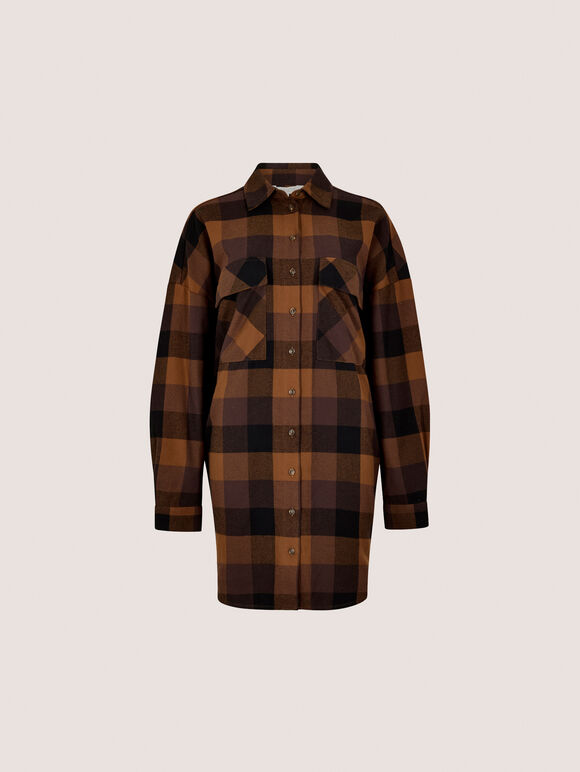 Oversized Check Shirt Mini Dress, Brown, large
