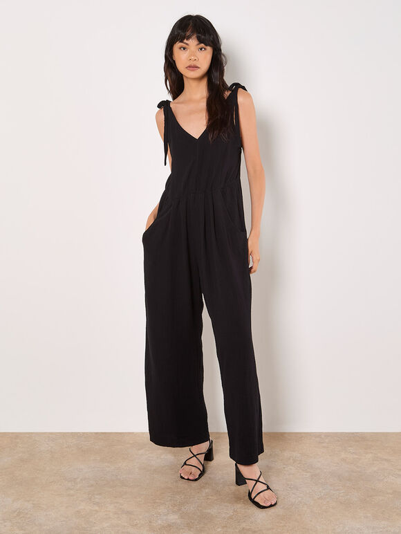 Textured Cotton Wide Leg Jumpsuit, Black, large
