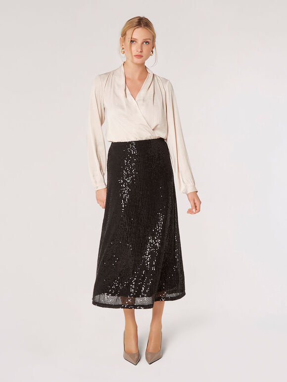 Sequin Sparkle Midi Skirt, Black, large