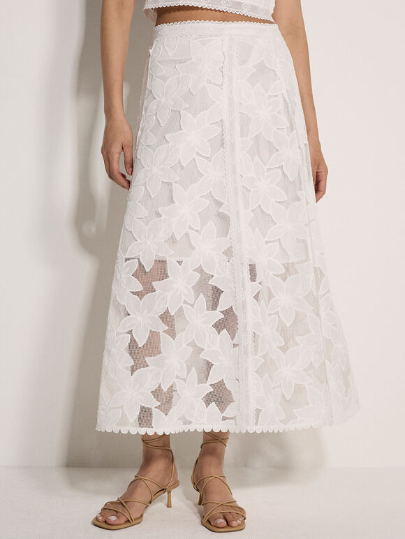 Floral Mesh Lace Midi Skirt, White, large