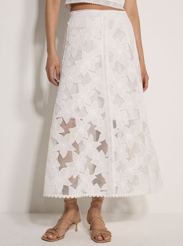 Floral Mesh Lace Midi Skirt, White, large