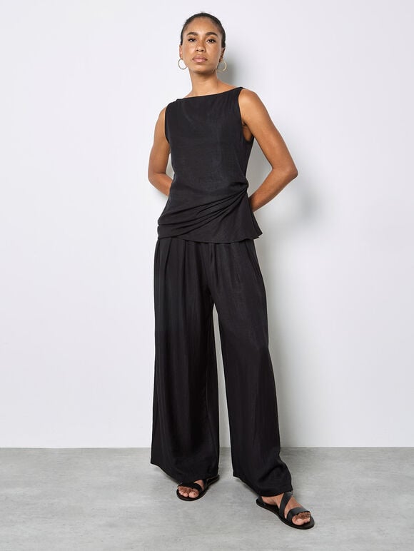 Textured Twill Wide-Leg Trousers, Black, large