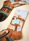 Landscape Print Cotton Socks, Brown, large