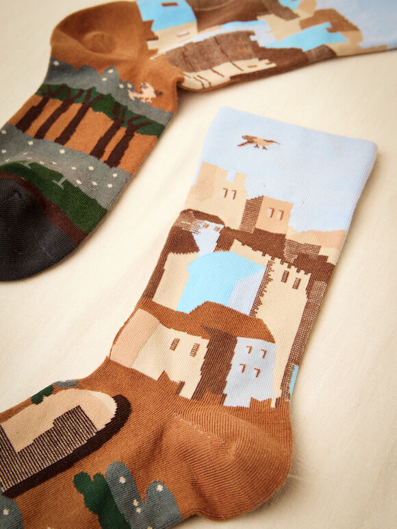 Landscape Print Cotton Socks, Brown, large