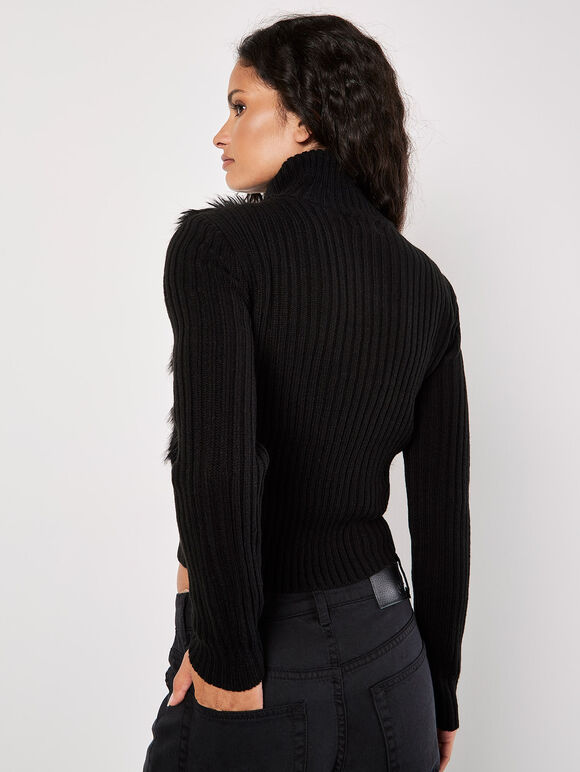 Faux Fur Ribbed Knit Cardigan, Black, large