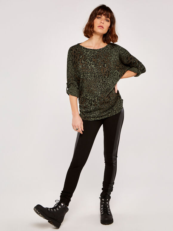 Leopard Camo Ruched Batwing Top, Khaki, large