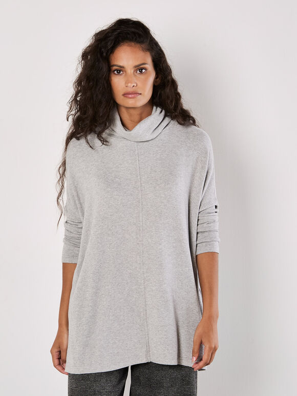 Roll Neck Soft Touch Oversized Top, Grey, large