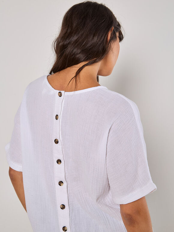 Textured Cotton Button Back T-Shirt, White, large