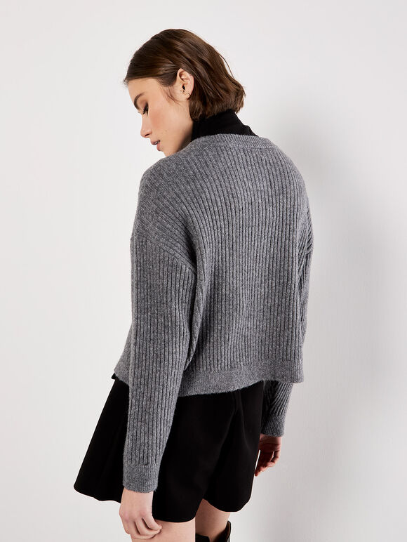 Soft Ribbed Knit Cardigan, Grey, large