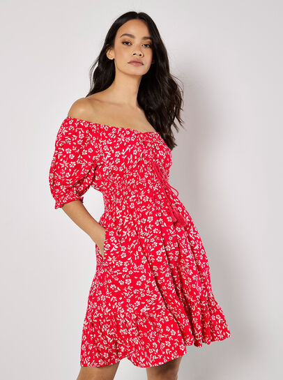 Sarasa Floral Bardot Mini Dress