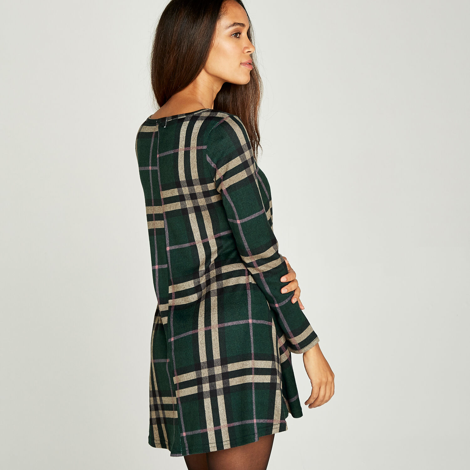 Blanket Check Swing Dress Apricot Clothing