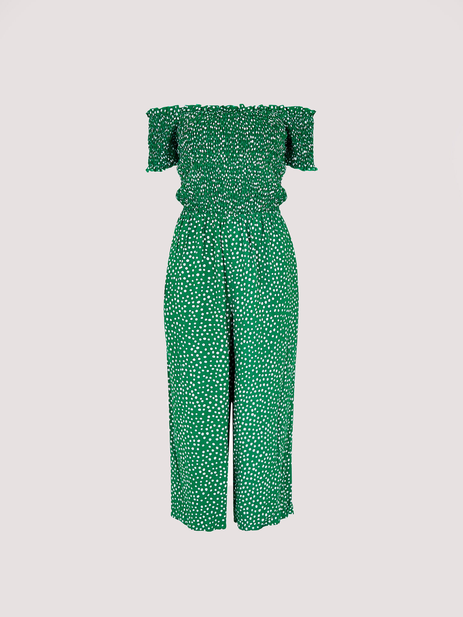 Dots Smocked Bardot Jumpsuit Apricot Clothing