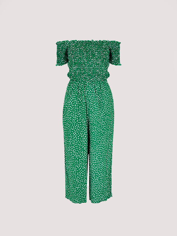 Dots Smocked Bardot Jumpsuit, Green, large