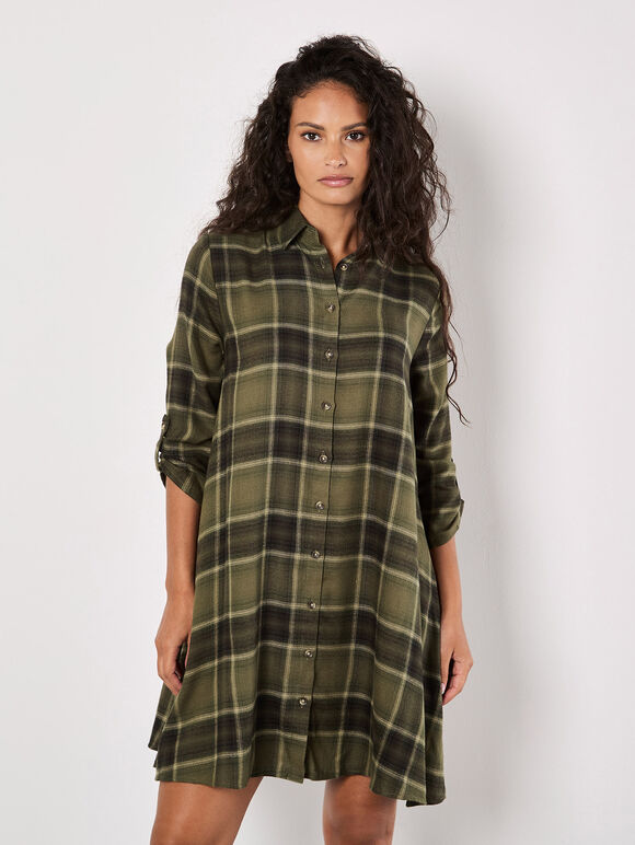 Check Shirt Swing Mini Dress, Khaki, large