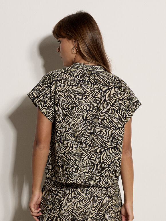Leaf Print Cotton Shirt, Black, large