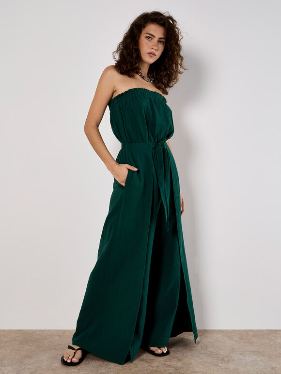 Cotton Wrap Bandeau Jumpsuit, Green, large