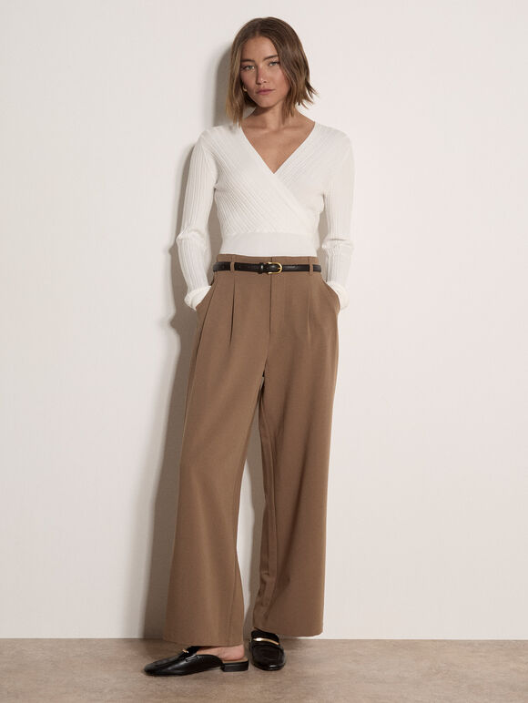 Rib Knit Wrap Top, Cream, large
