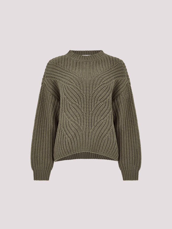 Chunky Cable Knit Jumper, Khaki, large