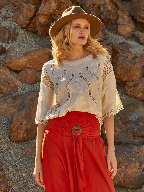 Cotton Blend Crochet Embroidered Top, Stone, large