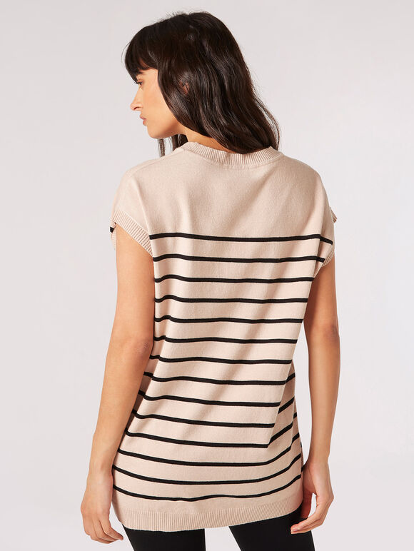 Breton Stripe Longline Knitted Top, Stone, large