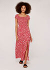 Floral Shirred Maxi Dress, Red, large