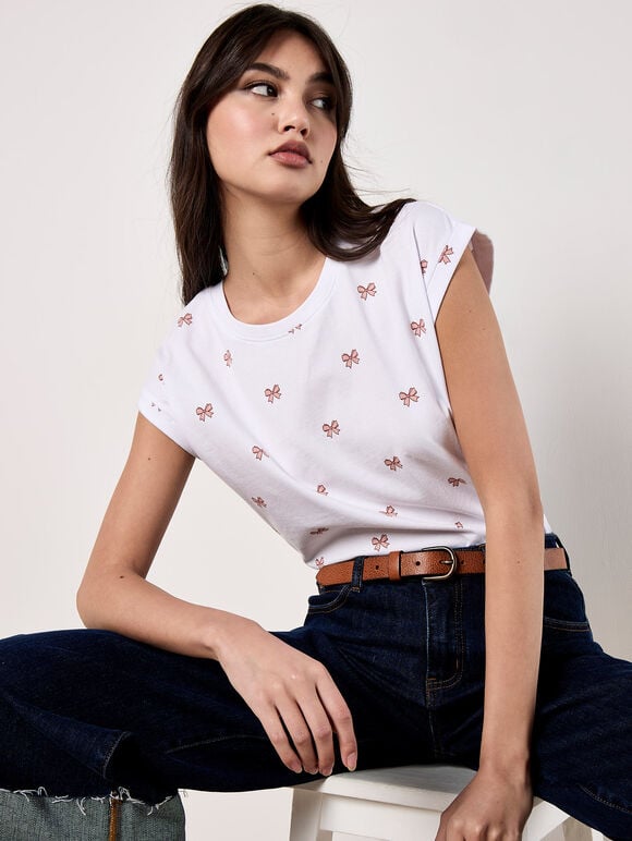 Bow Print T-Shirt, Pink, large