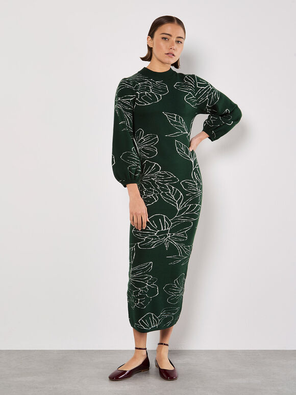 Floral Knitted Midi Dress, Green, large