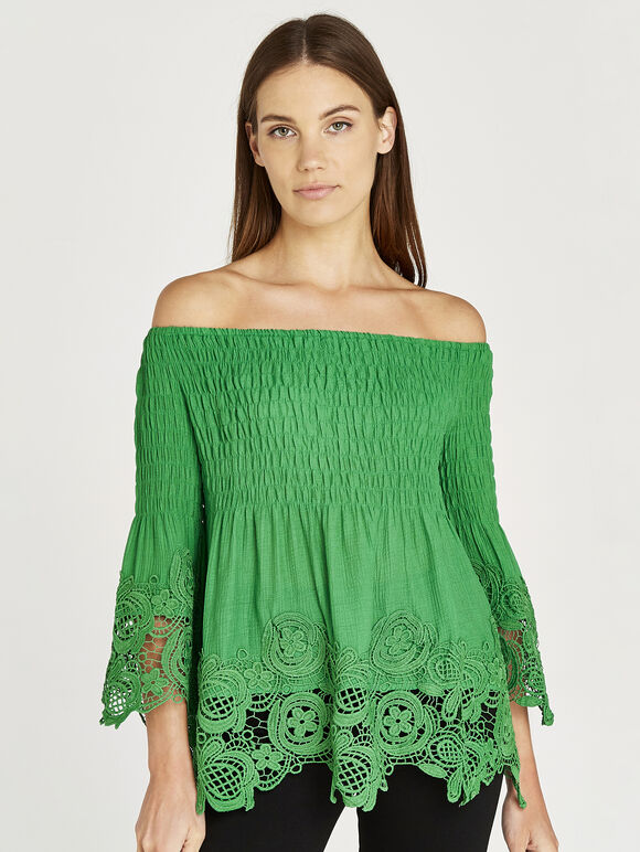 Bardot Smock Top, Green, large