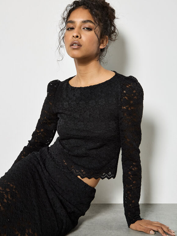 Floral Leaf Lace Midi Skirt, Black, large