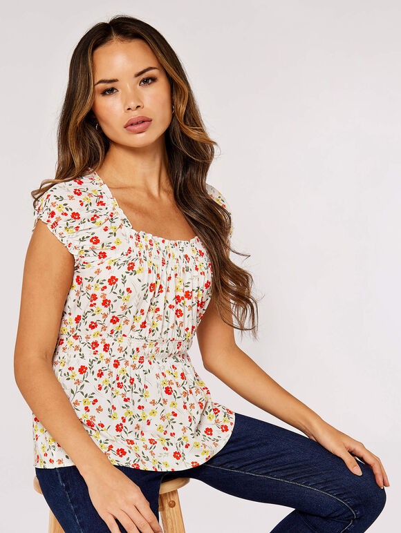 Ditsy Milkmaid Top, Cream, large