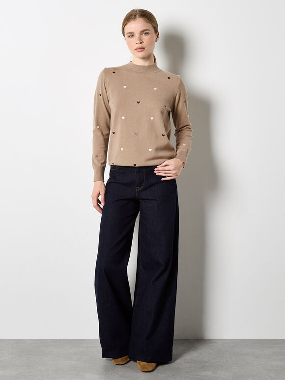 Embroidered Hearts Fine Knit Jumper, Stone, large