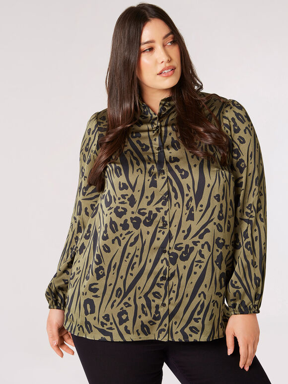 Curve Animal Print Satin Shirt, Khaki, large