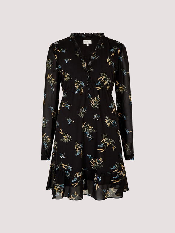 Floral Ruffle Mini Dress, Black, large