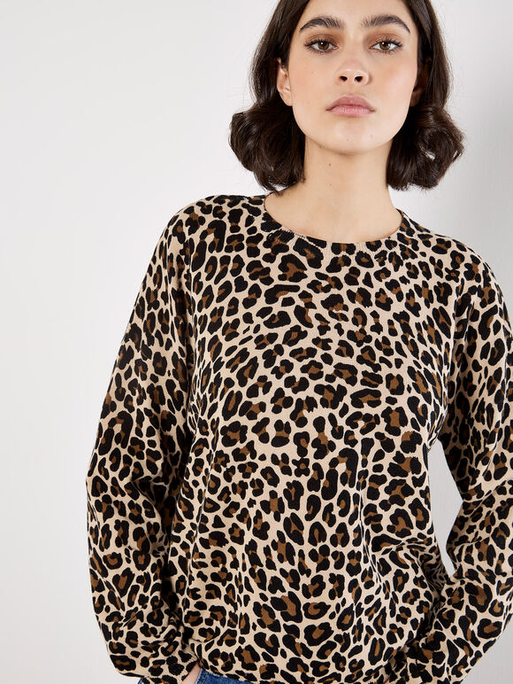 Ribbed Knit Leopard Jumper, Stone, large