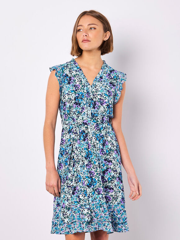 Ditsy Floral Ruffle Mini Dress, Blue, large