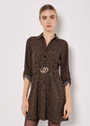 Petal Print Belted Shirt Mini Dress, Brown, large