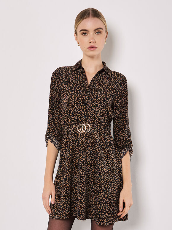 Petal Print Belted Shirt Mini Dress, Brown, large