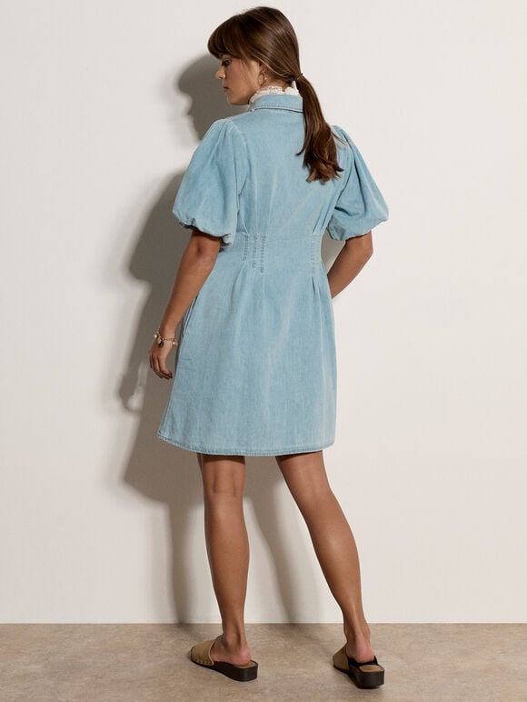 Cotton Denim Shirt Mini Dress, Blue, large