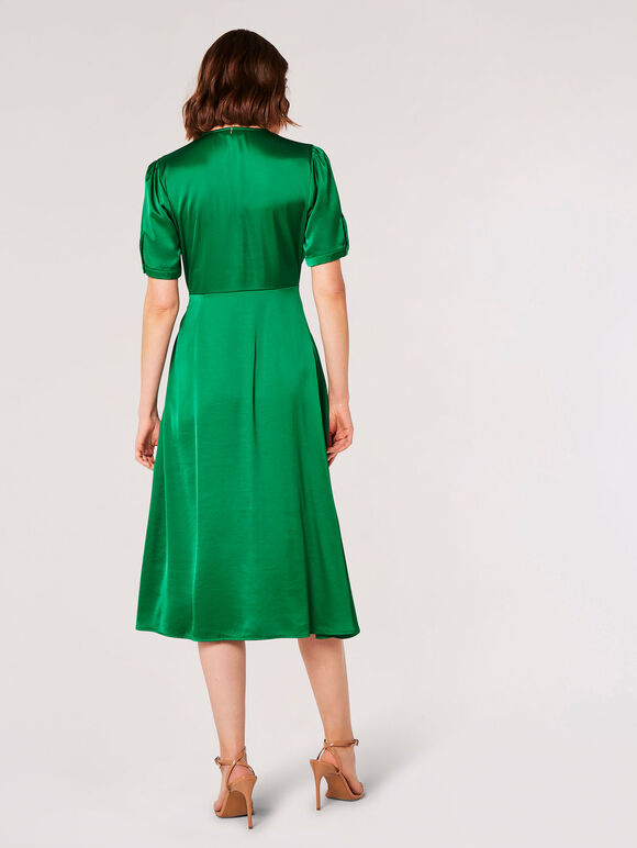 Satin Button Down Midi Dress, Green, large