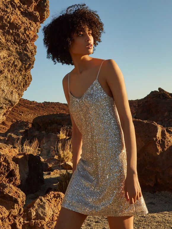 Sequin Cami Mini Dress, Stone, large