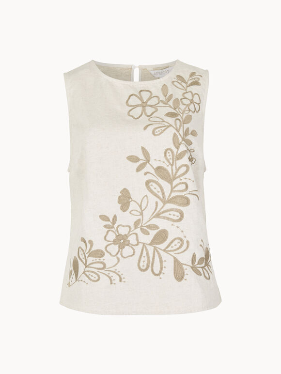 Floral Embroidered Cotton Denim Top, Stone, large